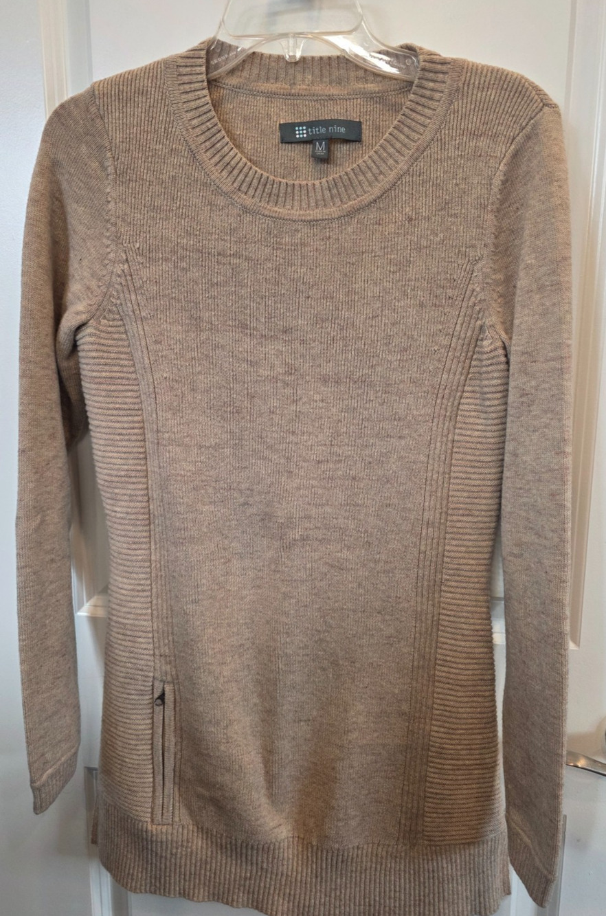 Title Nine Sweater Tunic Side Womens M Khaki Wool Blend Knit Zip Long Sleeve